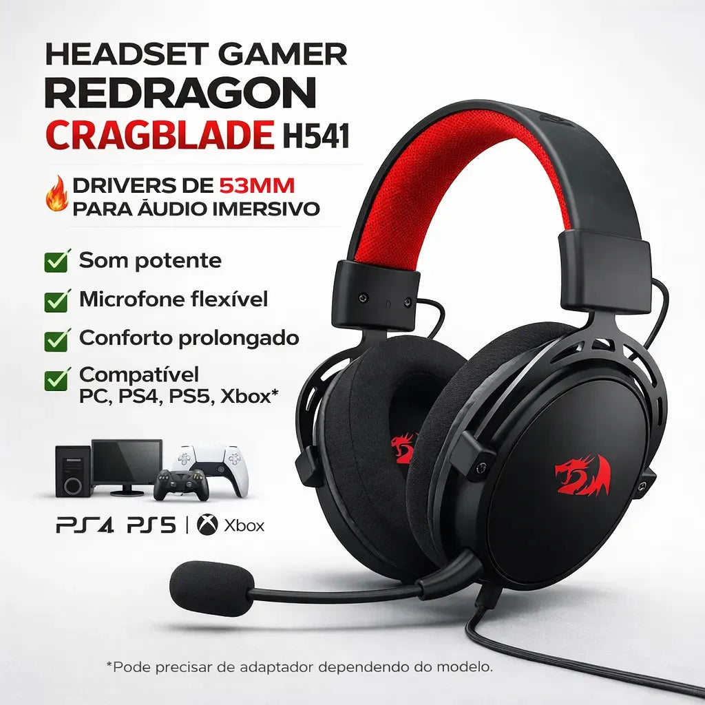 Headset Gamer Redragon Cragblade H541 com Microfone Removível P2 Preto Original