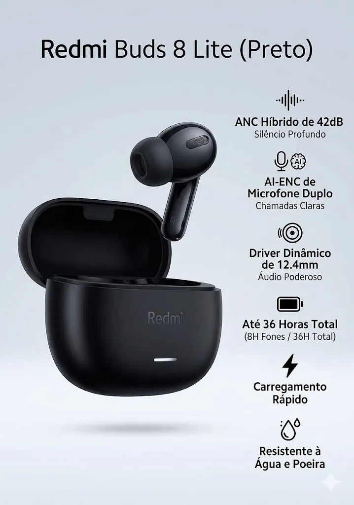 Fone de Ouvido Xiaomi Redmi Buds 8 Lite Bluetooth Sem Fio com ANC Preto Original