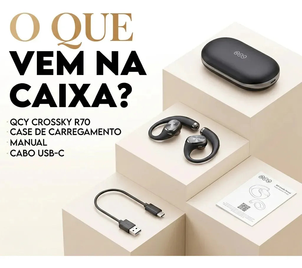 Fone de Ouvido QCY Crossky R70 Bluetooth 6.0 Open-Ear Hi-Res LDAC IPX5 Preto Original