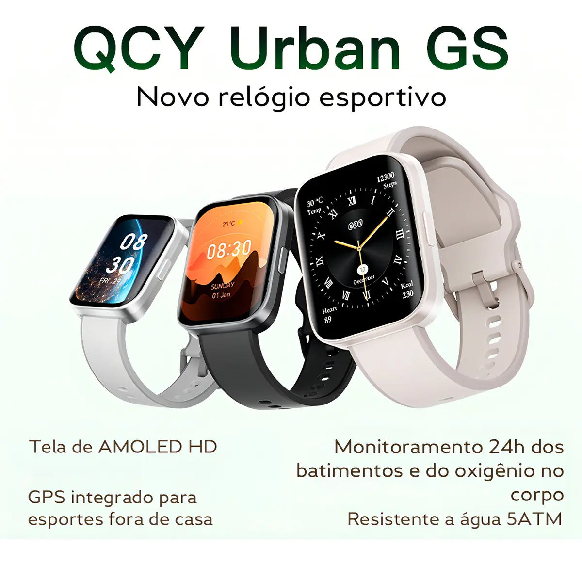 Smartwatch QCY GS S9 Urban AMOLED 1,95" com GPS, Chamadas Bluetooth e 5ATM Cinza Original