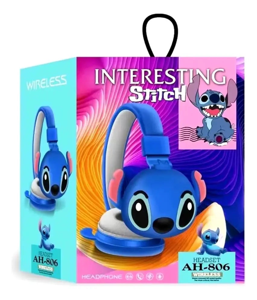 Fone de Ouvido Bluetooth Sem Fio Stitch Infantil com Microfone e LED Azul