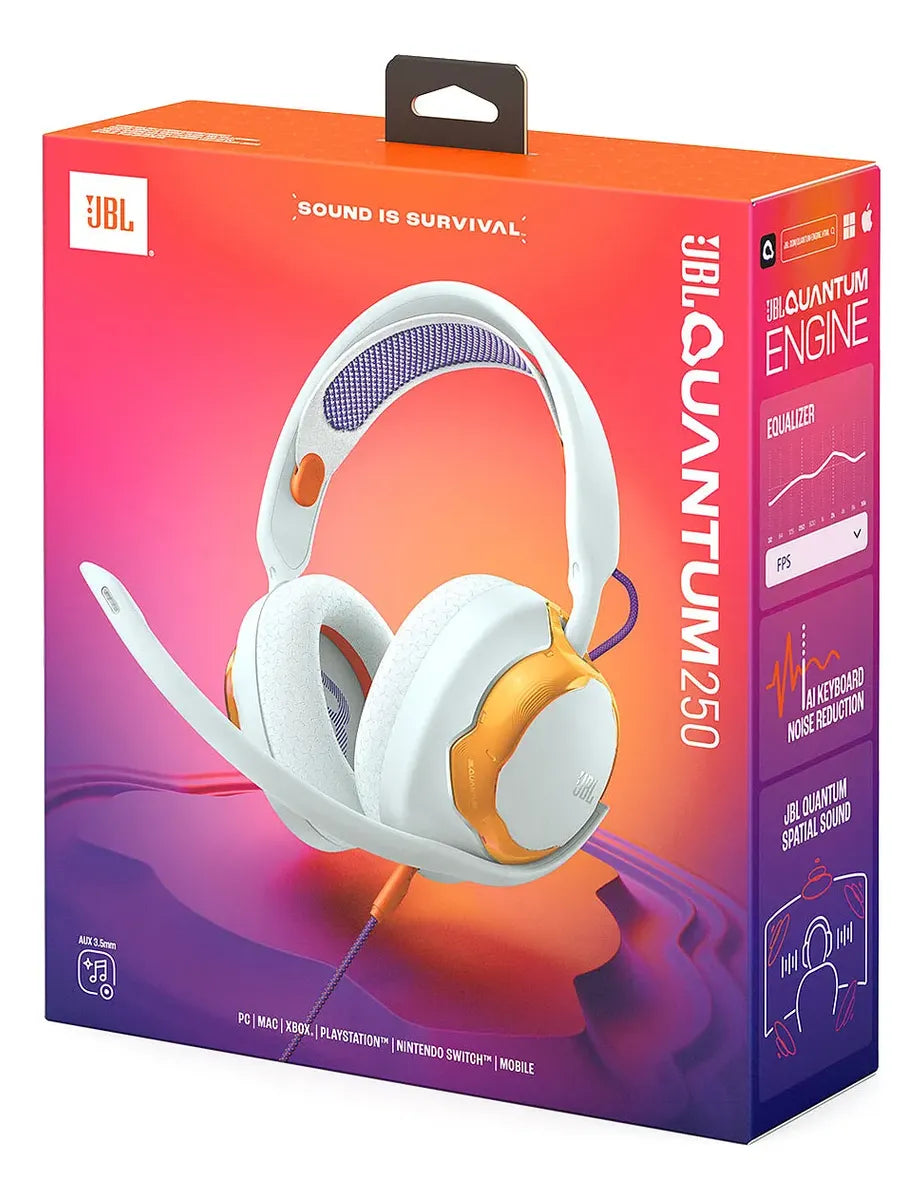 Headset Gamer JBL Quantum 250 com Microfone e Cabo P2 Branco e Laranja Original