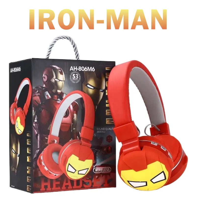Fone de Ouvido Infantil Homem de Ferro Bluetooth Sem Fio com Microfone Vermelho