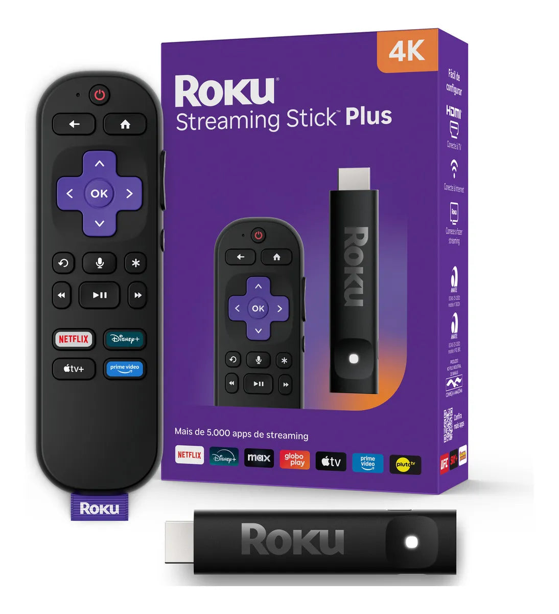 Roku Streaming Stick Plus 4K com Controle por Voz Preto Original