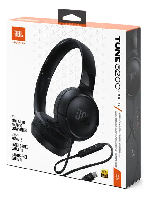 Fone de Ouvido JBL Tune 520C com Fio USB-C, Microfone e Hi-Res Preto Original