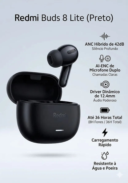 Fone de Ouvido Xiaomi Redmi Buds 8 Lite Bluetooth Sem Fio com ANC Preto Original