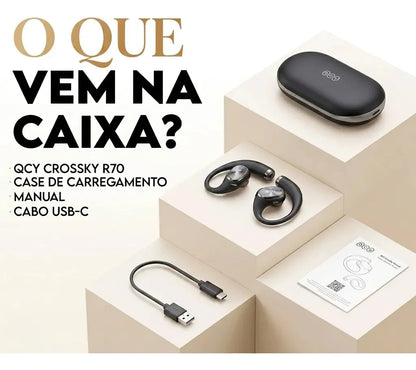 Fone de Ouvido QCY Crossky R70 Bluetooth 6.0 Open-Ear Hi-Res LDAC IPX5 Preto Original