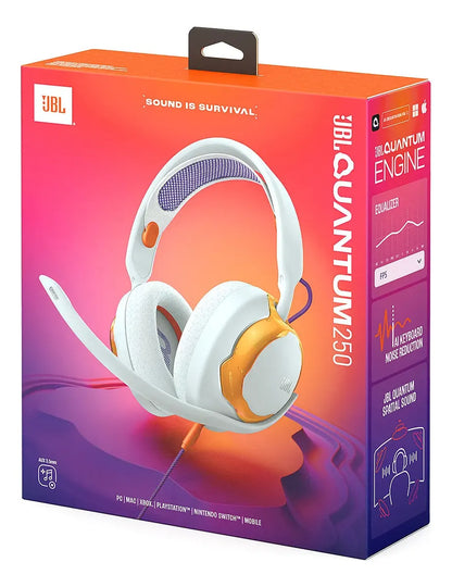 Headset Gamer JBL Quantum 250 com Microfone e Cabo P2 Branco e Laranja Original